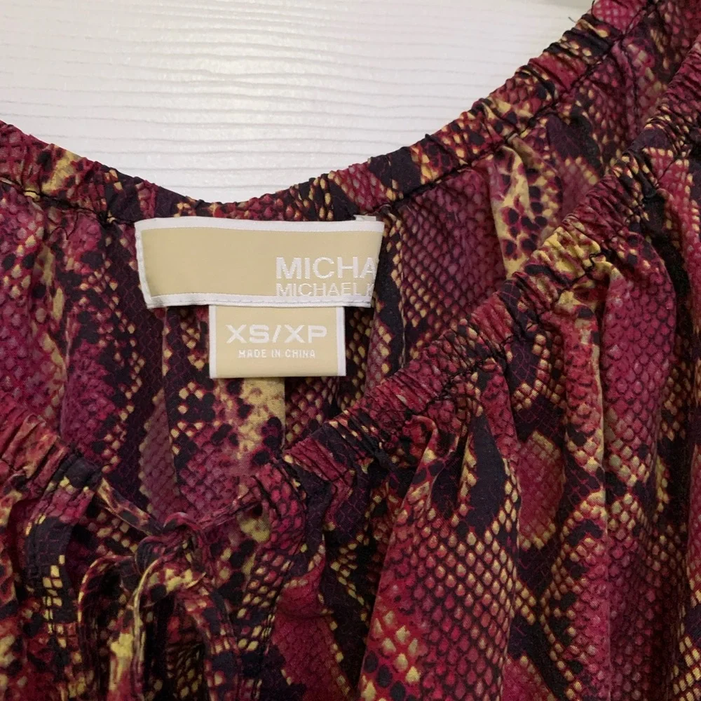 Michael Kors burgundy & blacks skin print peplum silk top Size XS